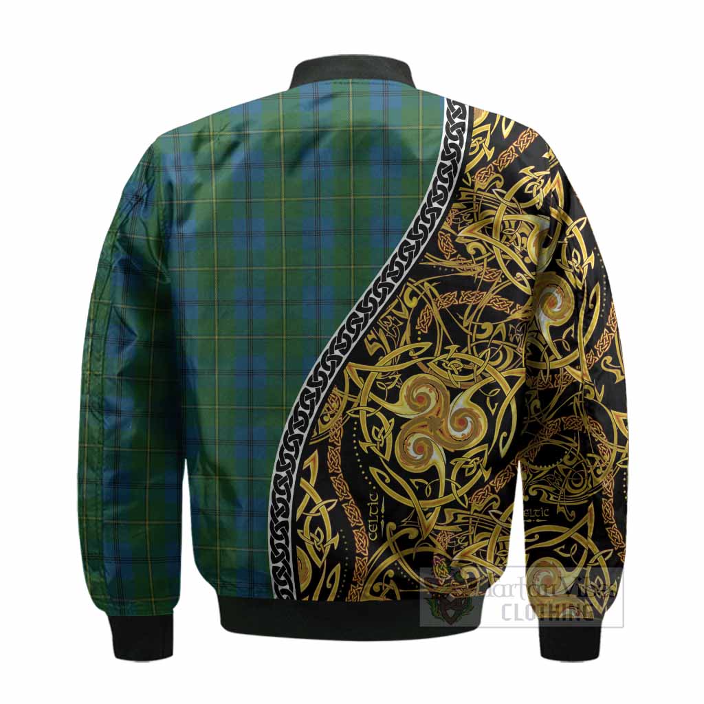 Johnstone (Johnston) Tartan Crest Bomber Jacket Celtic Knot and Triple Trickle Spiral Symbols