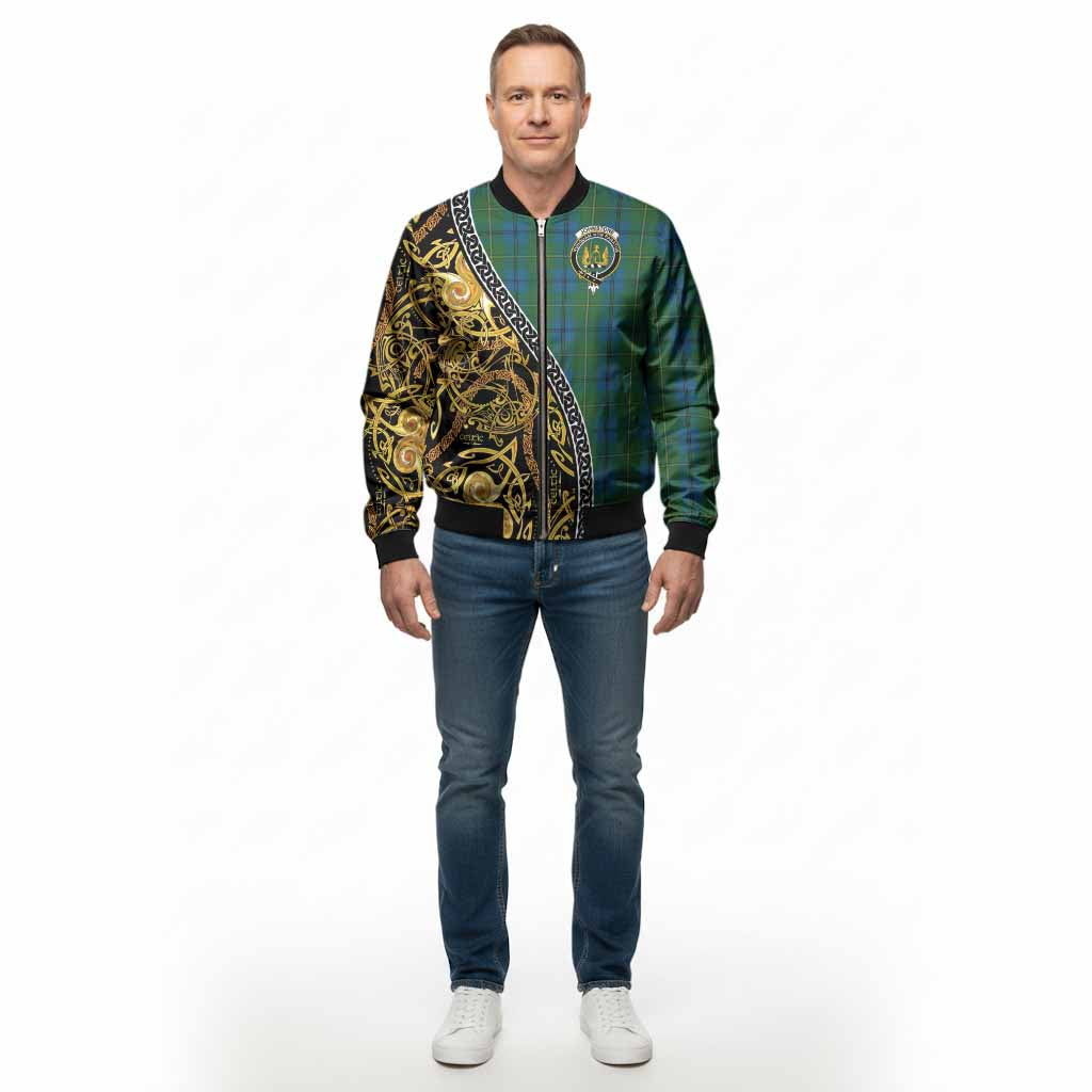 Johnstone (Johnston) Tartan Crest Bomber Jacket Celtic Knot and Triple Trickle Spiral Symbols
