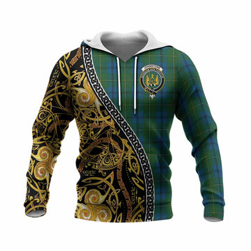 Johnstone (Johnston) Tartan Crest Knitted Hoodie Celtic Knot and Triple Trickle Spiral Symbols