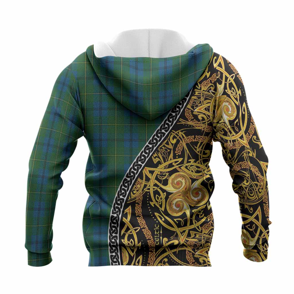 Johnstone (Johnston) Tartan Crest Knitted Hoodie Celtic Knot and Triple Trickle Spiral Symbols