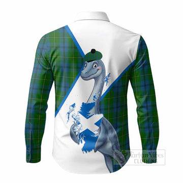 Johnstone (Johnston) Tartan Crest Loch Ness Monster Long Sleeve Button Shirts Nessie Scottish Map Tha Gradh Agam Air Alba