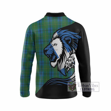 Johnstone (Johnston) Tartan Crest Long Sleeve Polo Shirt Scottish Golden Lions Wave Flow