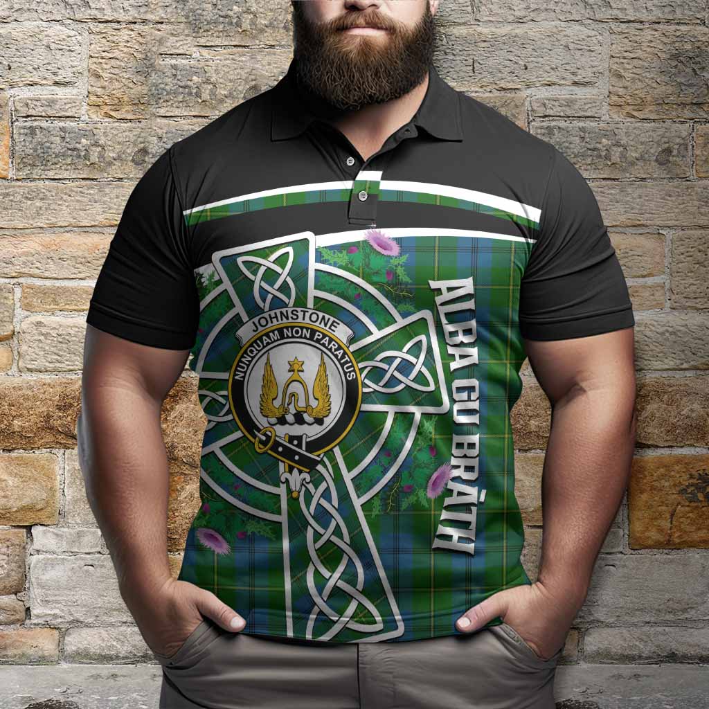 Johnstone (Johnston) Tartan Crest Polo Shirt Scottish Thistle Celtic Cross Alba Gu Brath