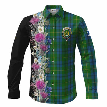 Johnstone (Johnston) Tartan Crest Thistle Floral Long Sleeve Button Shirts Men's Shirt S - Tartan Vibes Clothing