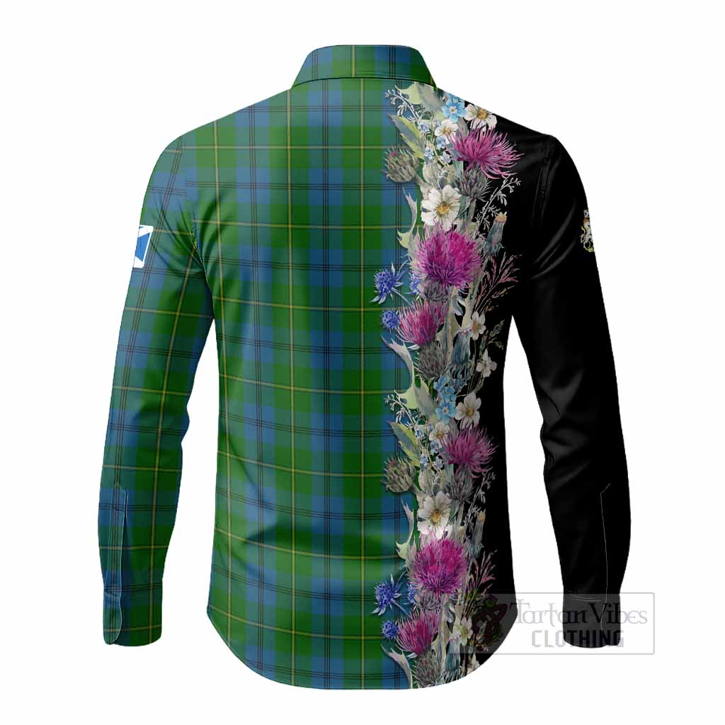 Johnstone (Johnston) Tartan Crest Thistle Floral Long Sleeve Button Shirts - Tartan Vibes Clothing