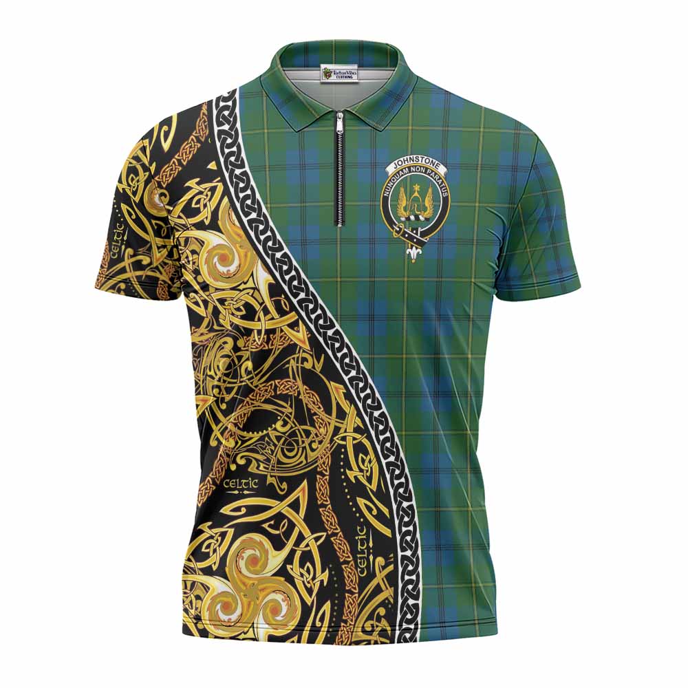 Johnstone (Johnston) Tartan Crest Zipper Polo Shirt Celtic Knot and Triple Trickle Spiral Symbols