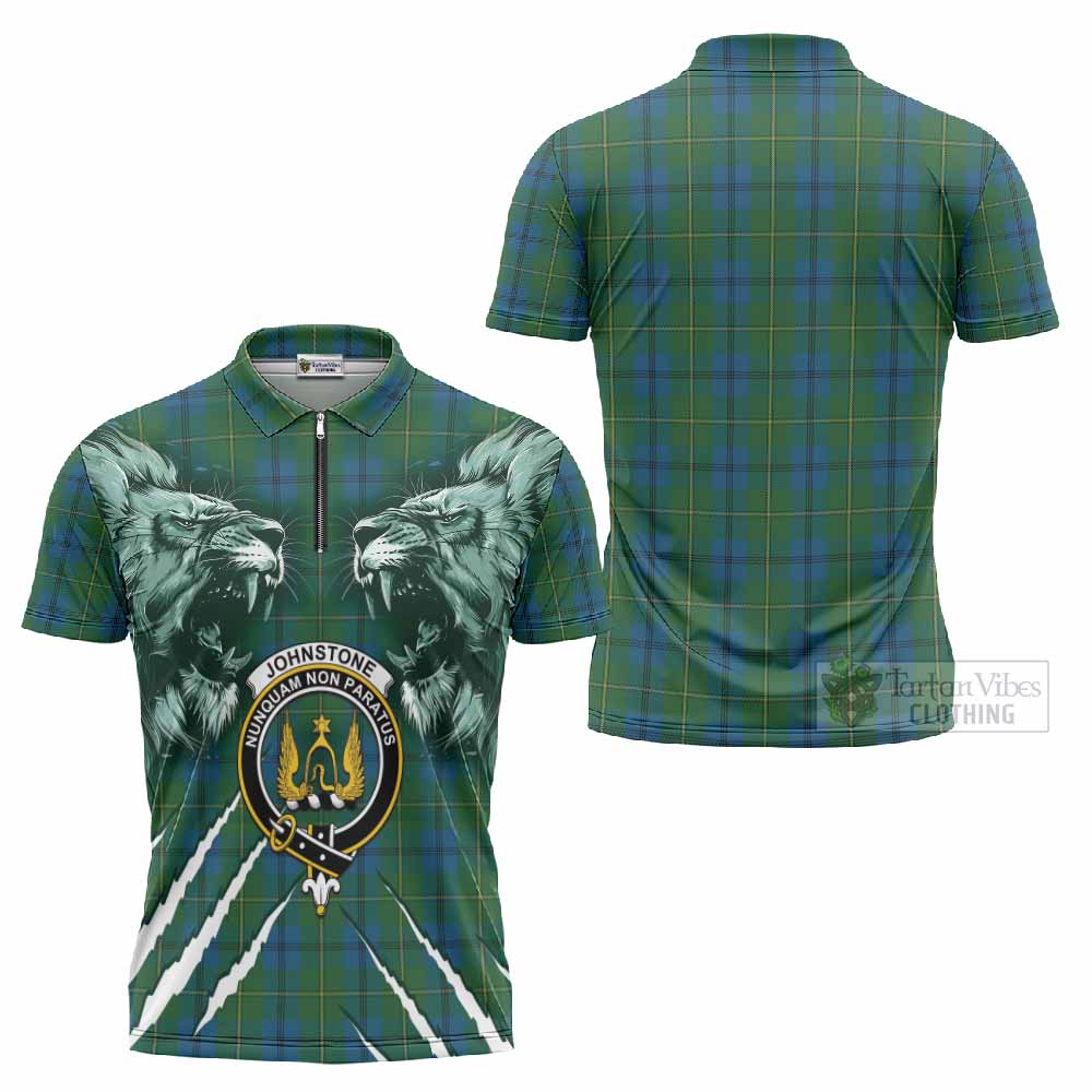Johnstone (Johnston) Tartan Crest Zipper Polo Shirt Ferocious Lion Style