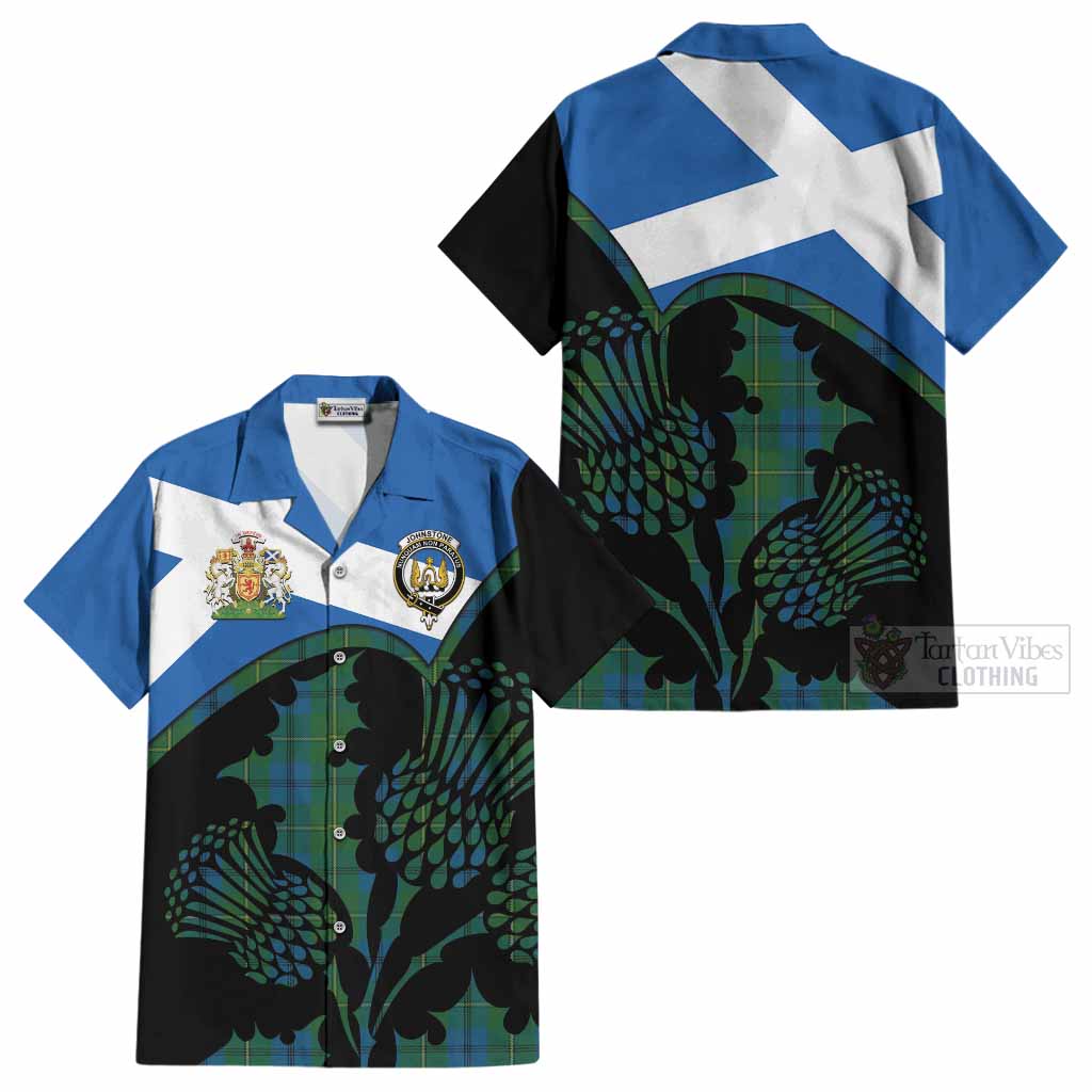 Johnstone (Johnston) Tartan Family Crest Cotton Hawaiian Shirt Scotland Thistle Floral Flag Style