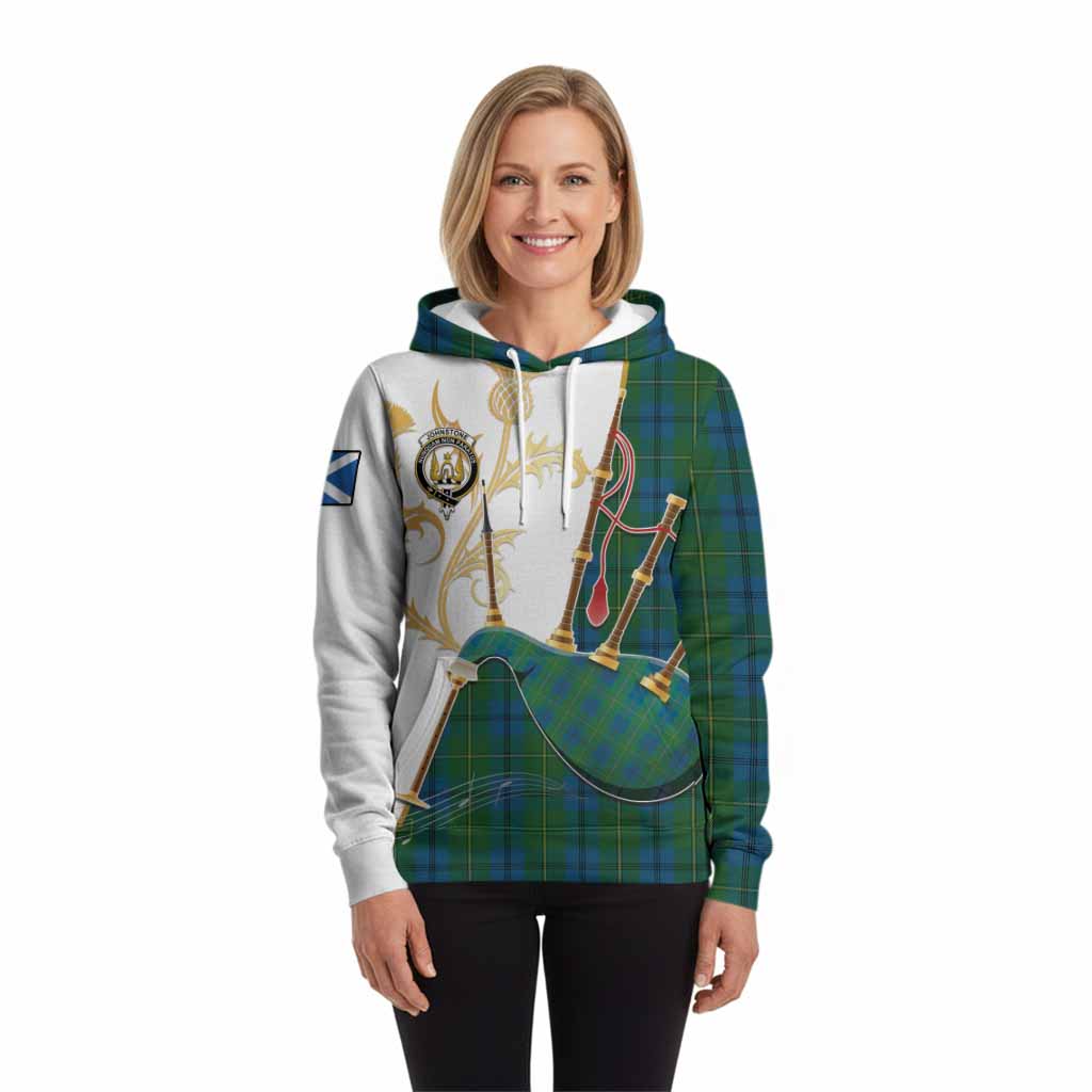 Johnstone (Johnston) Tartan Family Crest Hoodie Bagpipes with Scottish Thistle