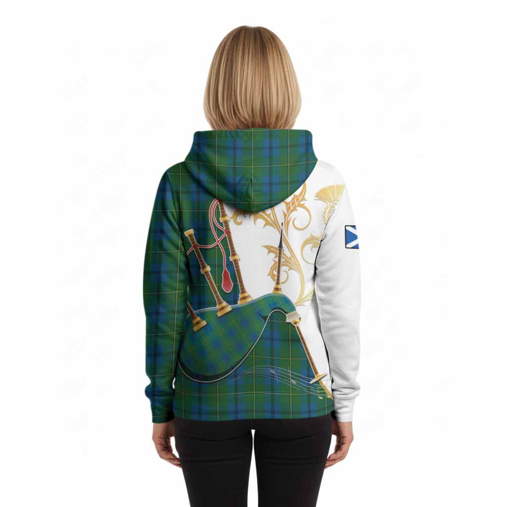 Johnstone (Johnston) Tartan Family Crest Hoodie Bagpipes with Scottish Thistle