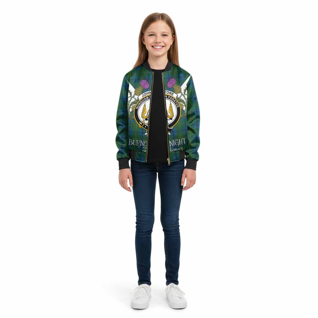 Johnstone (Johnston) Tartan Family Crest Kid Bomber Jacket Scottish Burns Night Thistle Floral