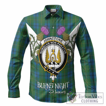 Johnstone (Johnston) Tartan Family Crest Long Sleeve Button Shirts Scottish Burns Night Thistle Floral