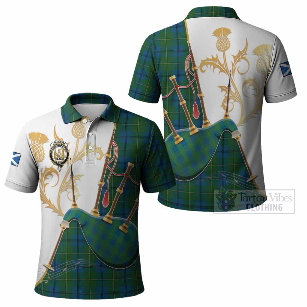 Johnstone (Johnston) Tartan Family Crest Polo Shirt Bagpipes with Scottish Thistle