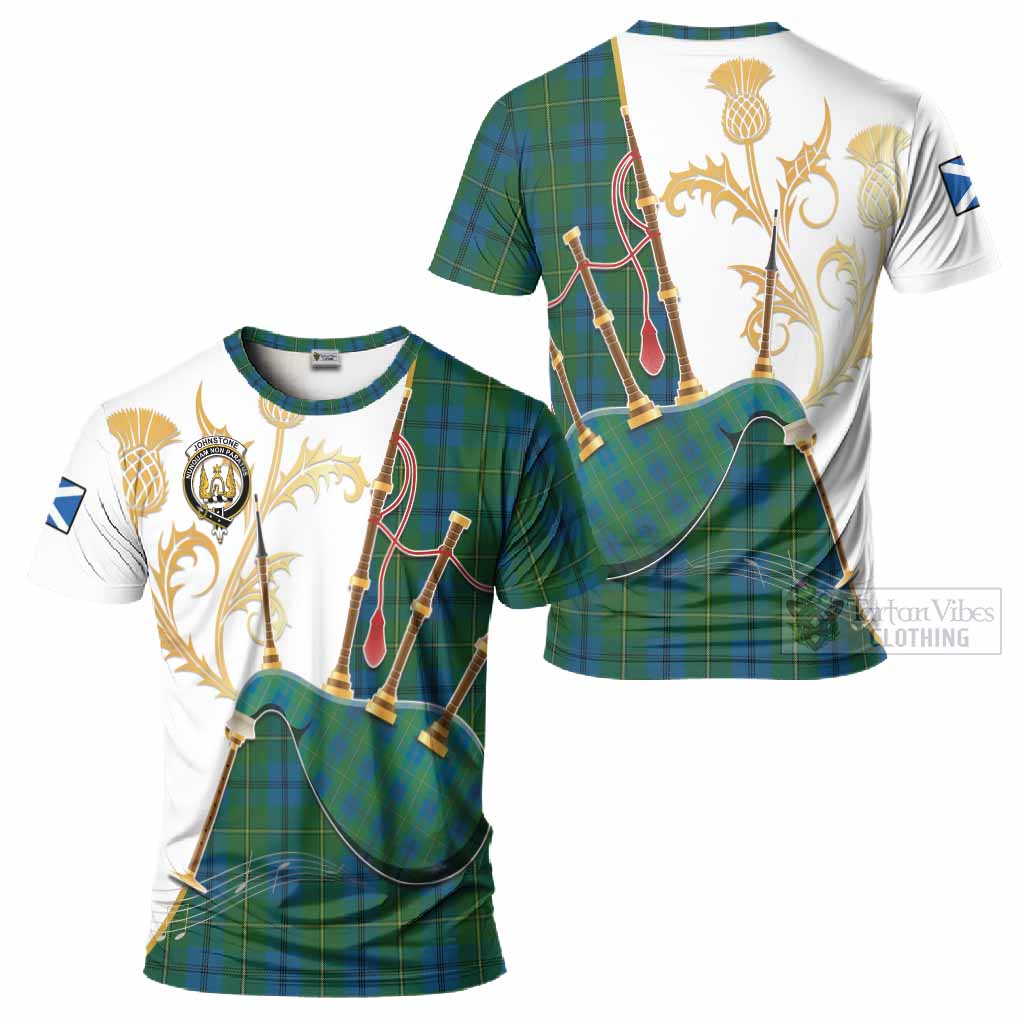 Johnstone (Johnston) Tartan Family Crest T-Shirt Bagpipes with Scottish Thistle