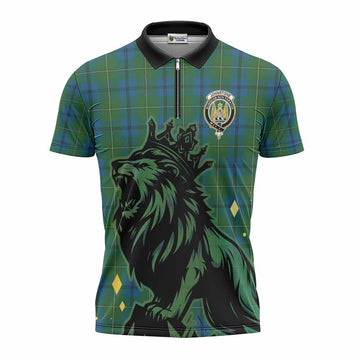Johnstone (Johnston) Tartan Family Crest Zipper Polo Shirt Crowned Lion Roaring