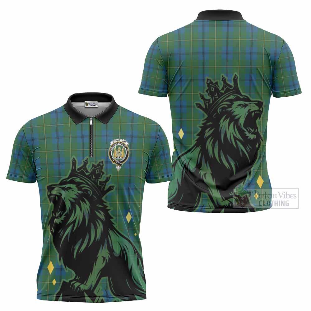Johnstone (Johnston) Tartan Family Crest Zipper Polo Shirt Crowned Lion Roaring