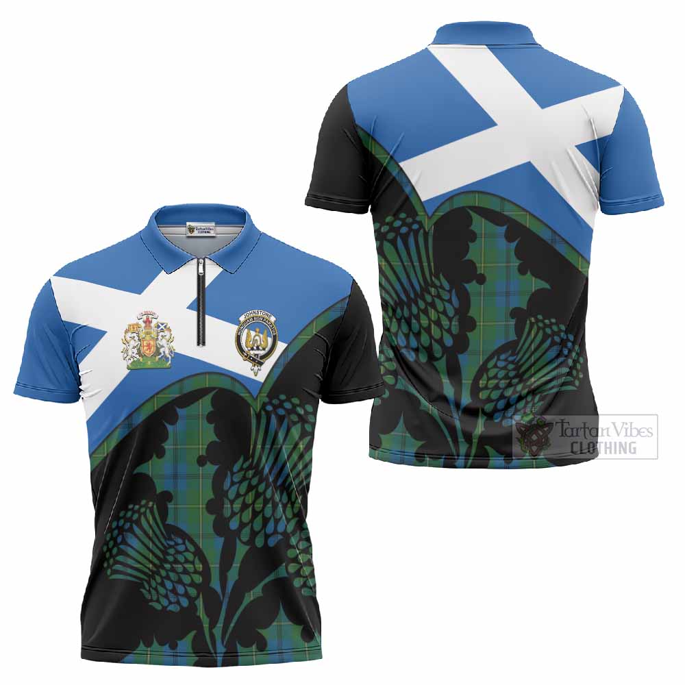 Johnstone (Johnston) Tartan Family Crest Zipper Polo Shirt Scotland Thistle Floral Flag Style