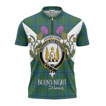 Johnstone (Johnston) Tartan Family Crest Zipper Polo Shirt Scottish Burns Night Thistle Floral
