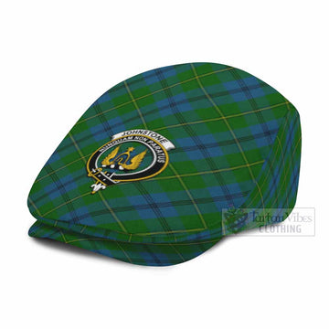 Johnstone (Johnston) Tartan Flat Cap, Jeff Cap Cross Style with Family Crest