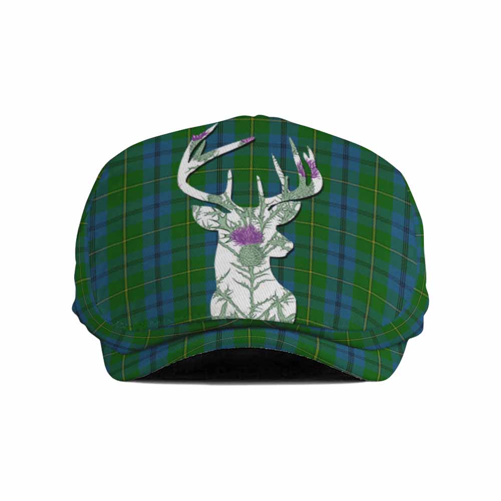 Johnstone (Johnston) Tartan Flat Cap, Jeff Cap Scottish Stag Thistle Floral Art
