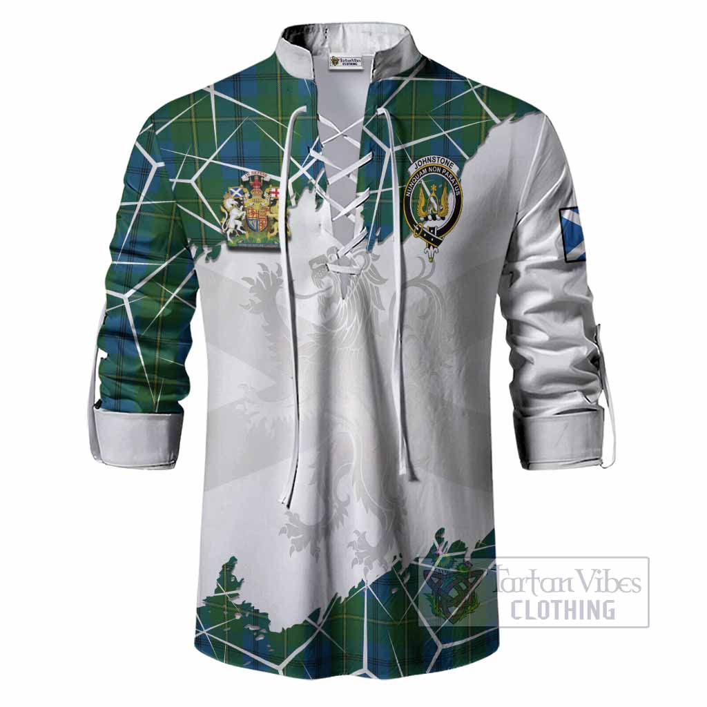 Johnstone (Johnston) Tartan Ghillie Shirt with Family Crest and Lion Rampant Grunge Style