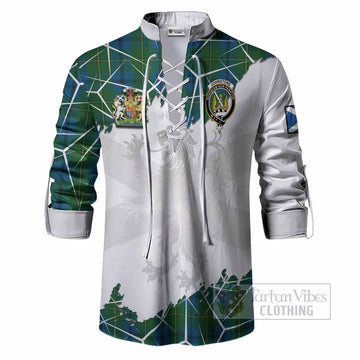 Johnstone (Johnston) Tartan Ghillie Shirt with Family Crest and Lion Rampant Grunge Style