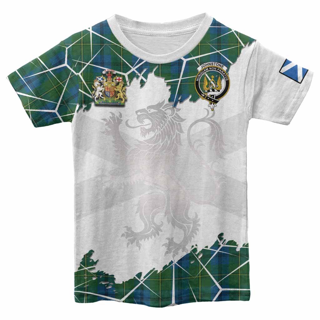 Johnstone (Johnston) Tartan Kid T-shirt with Family Crest and Lion Rampant Grunge Style