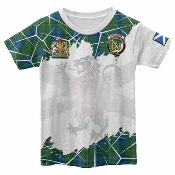 Johnstone (Johnston) Tartan Kid T-shirt with Family Crest and Lion Rampant Grunge Style