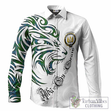 Johnstone (Johnston) Tartan Lion Roar Long Sleeve Button Shirts Alba Gu Brath with Celtic Motifs