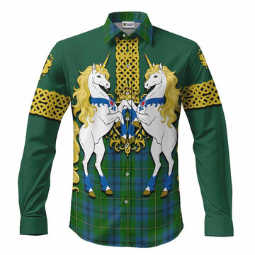 Johnstone (Johnston) Tartan Long Sleeve Button Shirts Unicorn Celtic Knot And Thistle Emblem