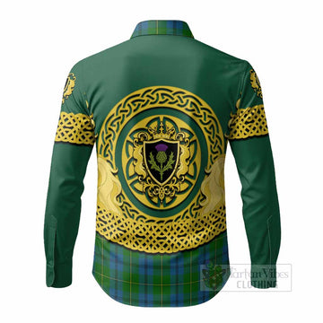 Johnstone (Johnston) Tartan Long Sleeve Button Shirts Unicorn Celtic Knot And Thistle Emblem