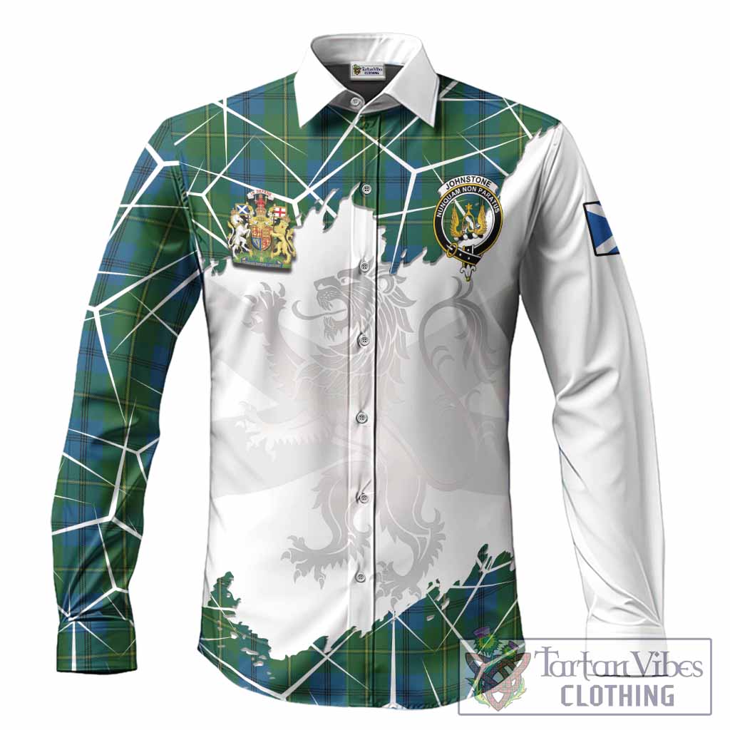 Johnstone (Johnston) Tartan Long Sleeve Button Shirts with Family Crest and Lion Rampant Grunge Style