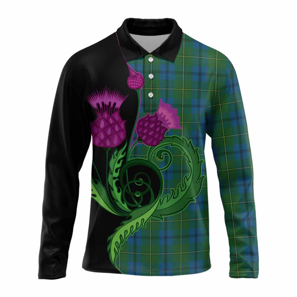 Johnstone (Johnston) Tartan Long Sleeve Polo Shirt Traditional Scottish Thistle
