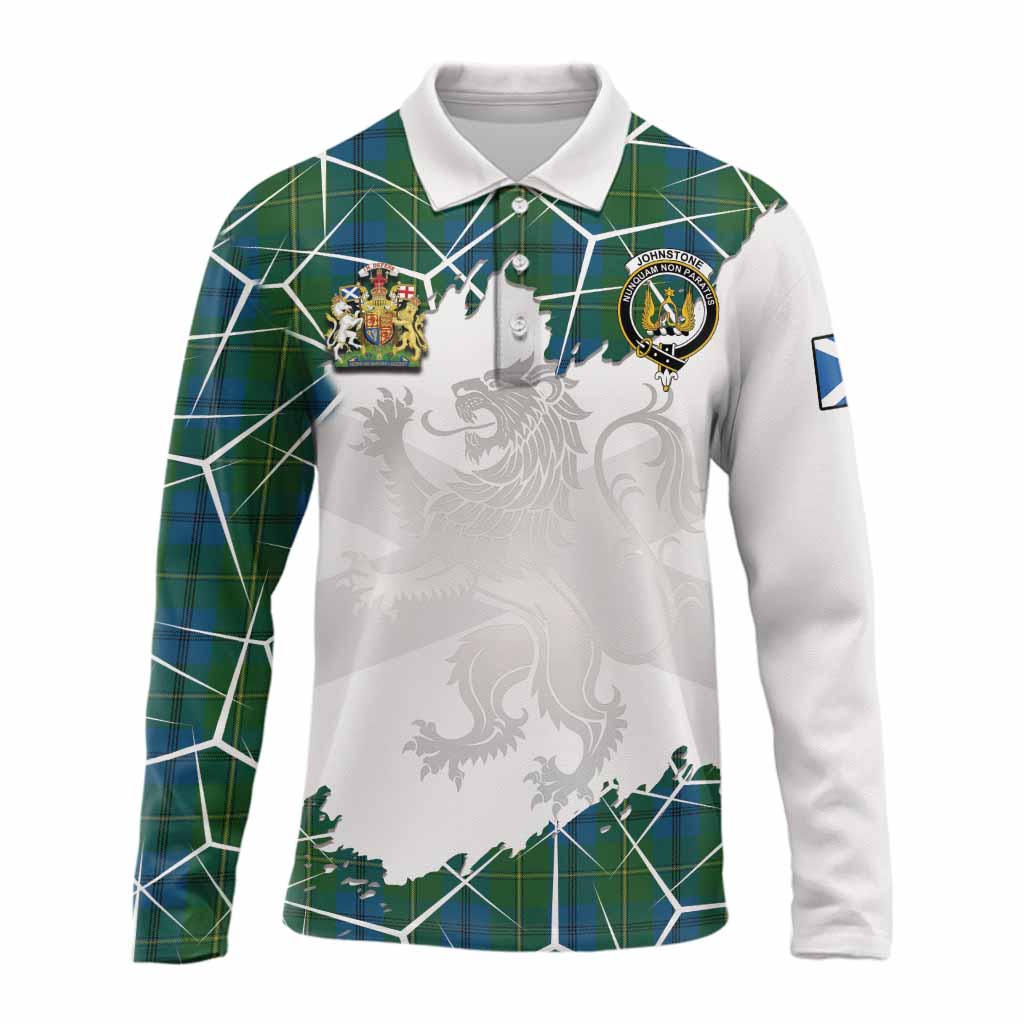 Johnstone (Johnston) Tartan Long Sleeve Polo Shirt with Family Crest and Lion Rampant Grunge Style