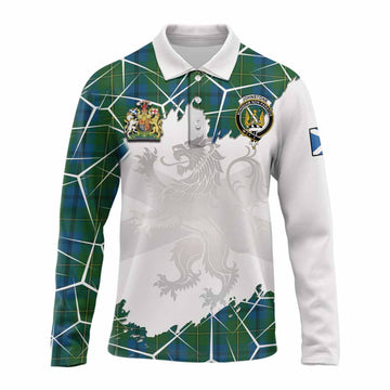 Johnstone (Johnston) Tartan Long Sleeve Polo Shirt with Family Crest and Lion Rampant Grunge Style