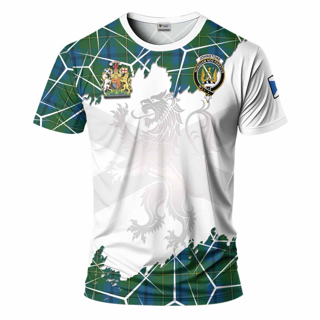Johnstone (Johnston) Tartan T-Shirt with Family Crest and Lion Rampant Grunge Style