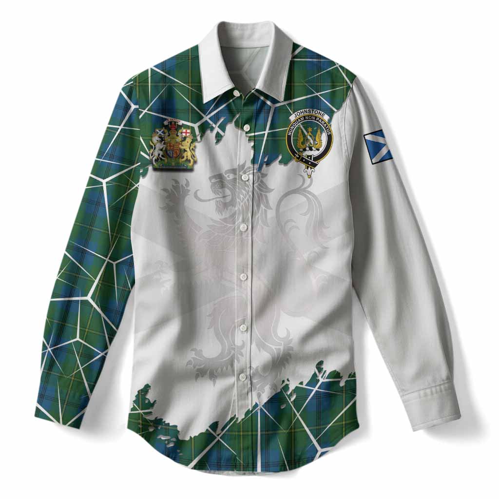 Johnstone (Johnston) Tartan Women Casual Shirt with Family Crest and Lion Rampant Grunge Style