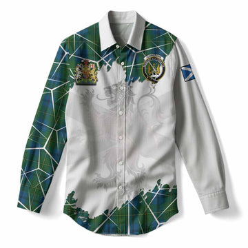 Johnstone (Johnston) Tartan Women Casual Shirt with Family Crest and Lion Rampant Grunge Style