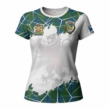 Johnstone (Johnston) Tartan Women T shirt with Family Crest and Lion Rampant Grunge Style