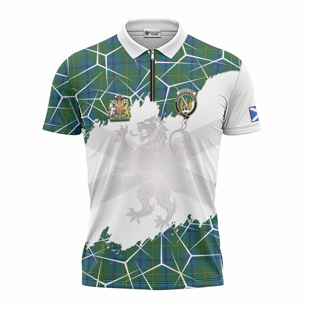 Johnstone (Johnston) Tartan Zipper Polo Shirt with Family Crest and Lion Rampant Grunge Style