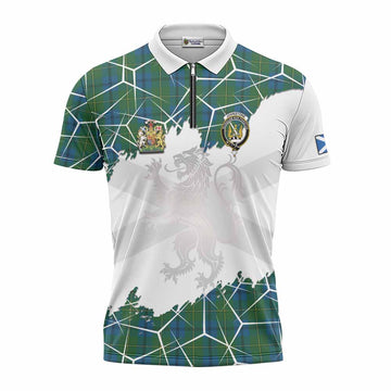Johnstone (Johnston) Tartan Zipper Polo Shirt with Family Crest and Lion Rampant Grunge Style