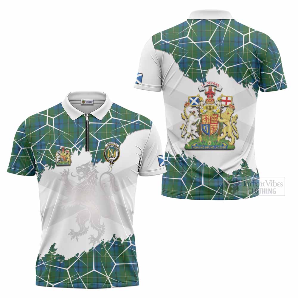 Johnstone (Johnston) Tartan Zipper Polo Shirt with Family Crest and Lion Rampant Grunge Style
