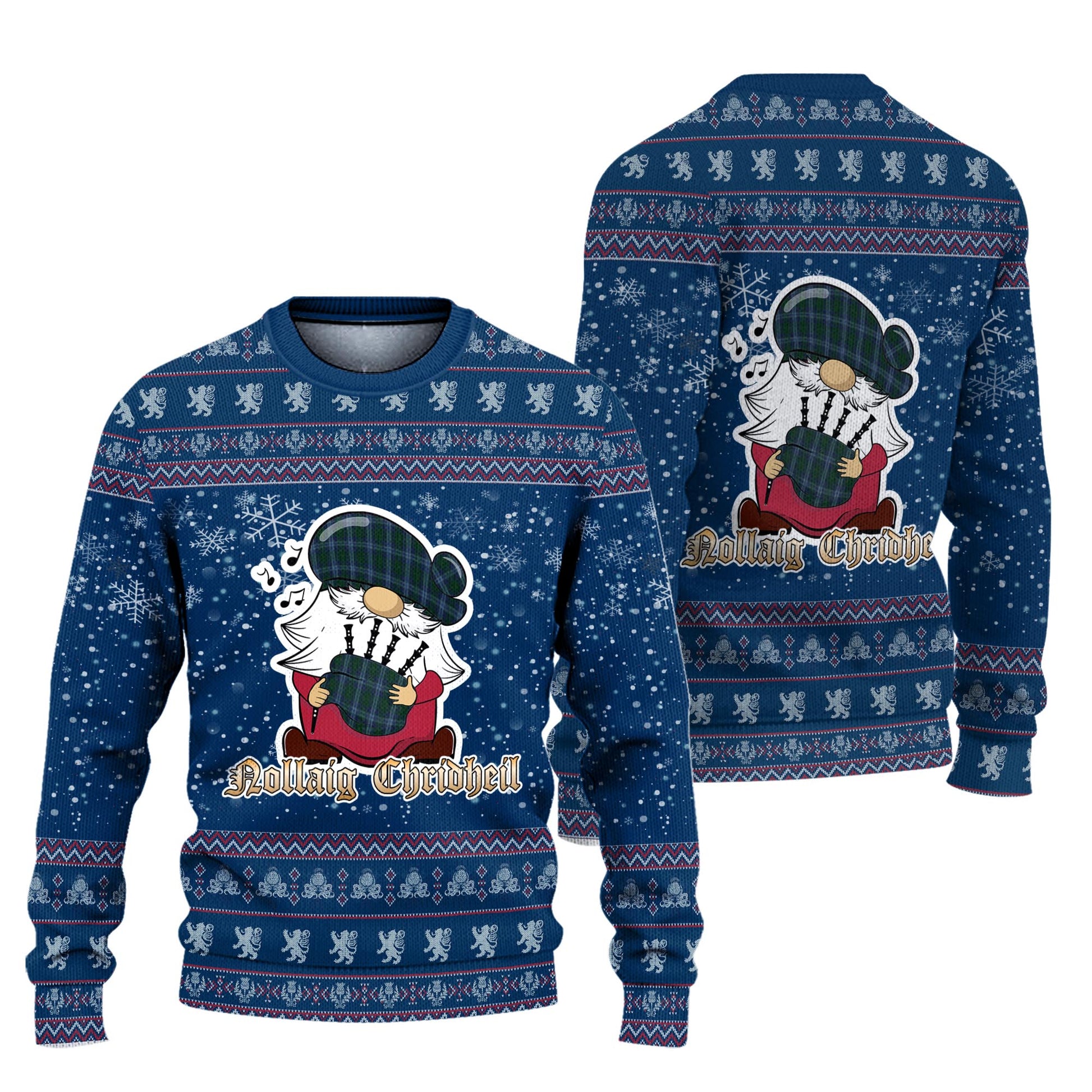 Jones of Wales Clan Christmas Family Knitted Sweater with Funny Gnome Playing Bagpipes Unisex Blue - Tartanvibesclothing