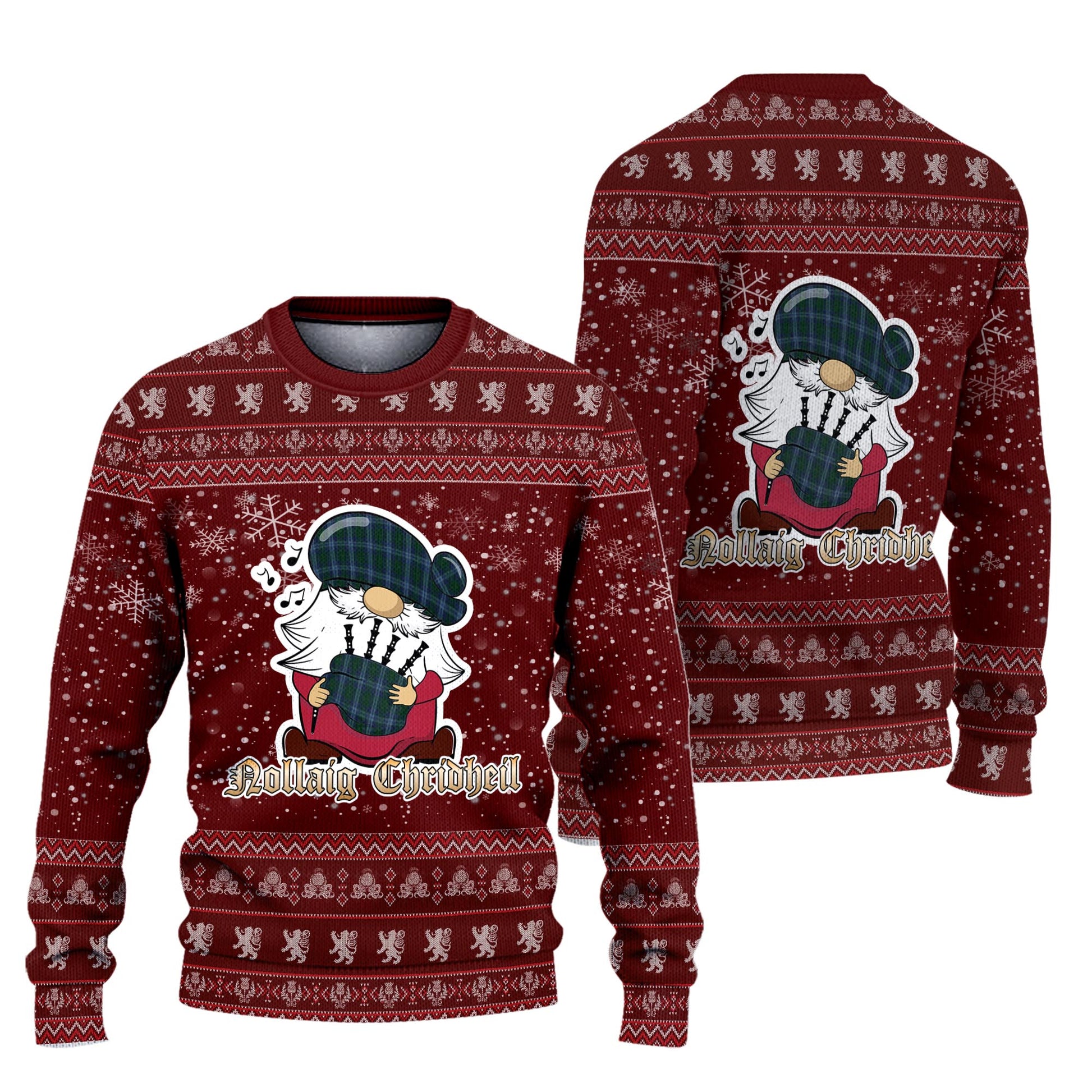 Jones of Wales Clan Christmas Family Knitted Sweater with Funny Gnome Playing Bagpipes Unisex Red - Tartanvibesclothing