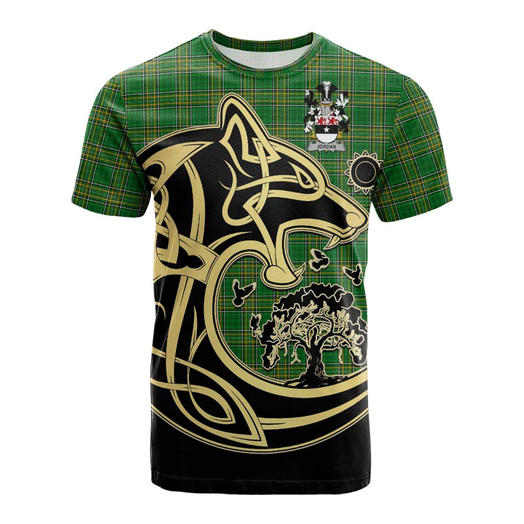 Tartan Vibes Clothing Jordan Irish Tartan Cotton T-shirt with Coat of Arms Celtic Wolf Style