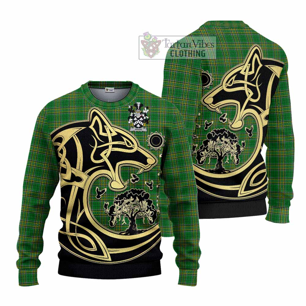 Tartan Vibes Clothing Judge Irish Tartan Knitted Sweater with Coat of Arms Celtic Wolf Style