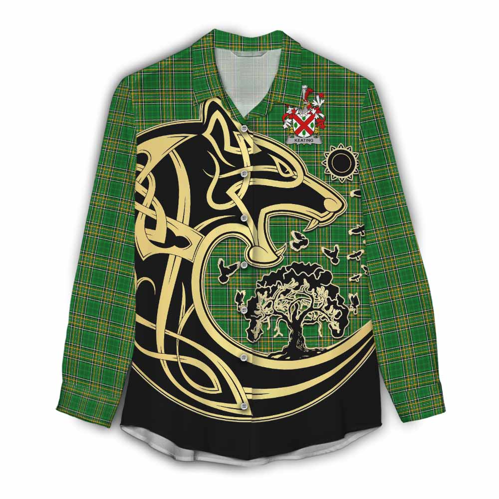 Tartan Vibes Clothing Keating Irish Tartan Women's Casual Shirt with Coat of Arms Celtic Wolf Style