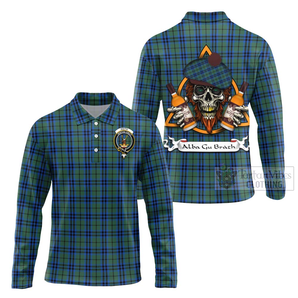 Tartan Vibes Clothing Keith Tartan Long Sleeve Polo Shirt with Family Crest and Bearded Skull Holding Bottles of Whiskey