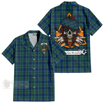 Tartan Vibes Clothing Keith Tartan Short Sleeve Button Shirt with Family Crest and Bearded Skull Holding Bottles of Whiskey