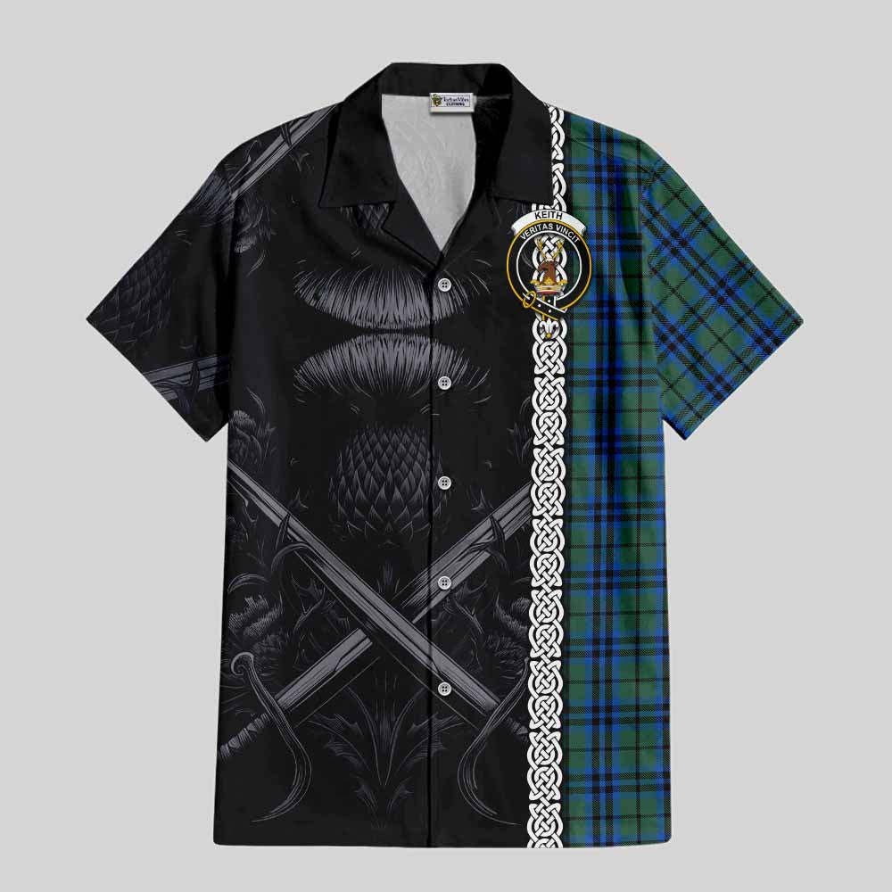 Tartan Vibes Clothing Keith Tartan Short Sleeve Button Shirt with Family Crest Cross Sword Thistle Celtic Vibes